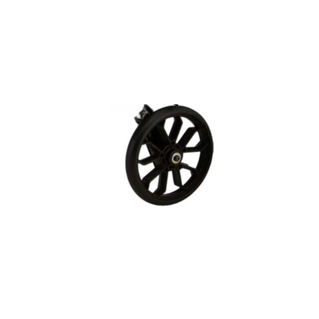 A black spoked wheel with a central hub and bracket, shown on a white background—perfect as an OEM component or for Nova Replacement Parts for Star Series Rollators.